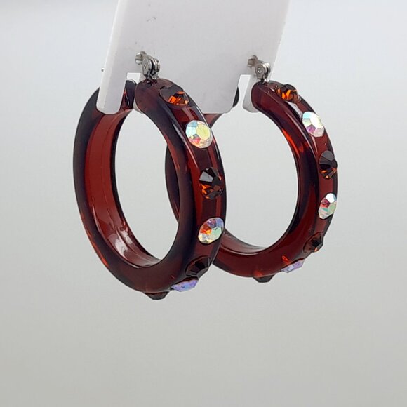brown lucite Acrylic wide 1.5 Hoop smoked topaz & ab Latch back Fashion Earrings - Picture 4 of 5
